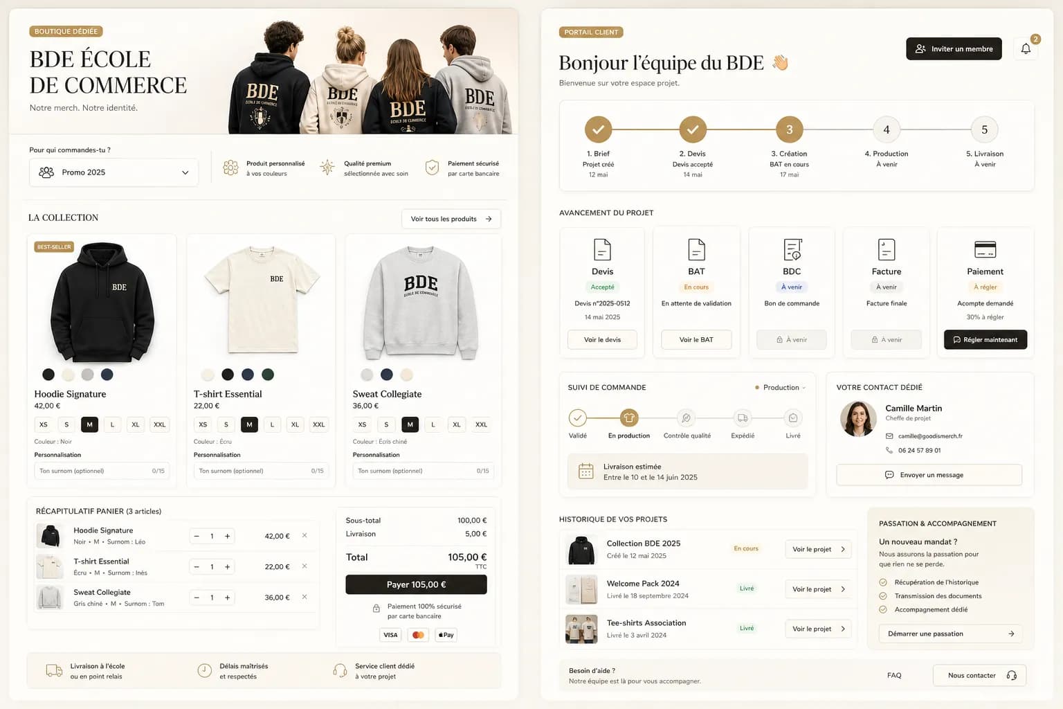 Aperçu d'une boutique dédiée et d'un espace client Good is Merch